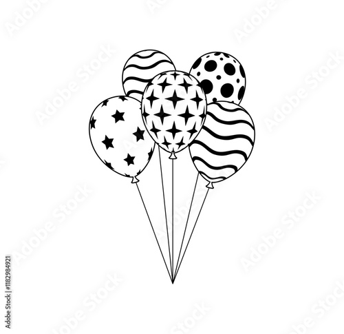 Black Outline balloons bunch. Cartoon Flat Style vector illustration Isolated on White background.