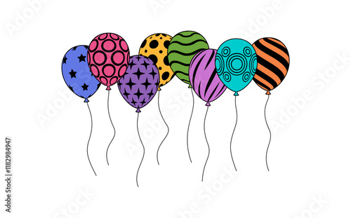 Colorful outline balloons bunch. Cartoon Flat Style vector illustration Isolated on White background.