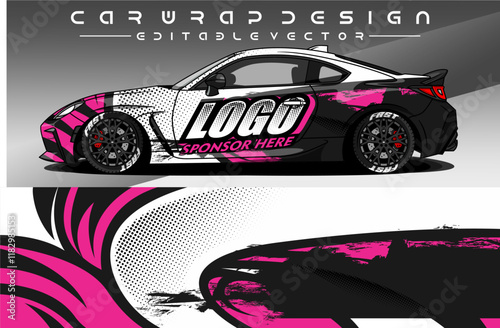 Illustration vector grahic of Car wrap decal with abstract design.Black pink purple colour. Livery car editable. Mockup template sticker vinyl for racing, rally, or daily use.