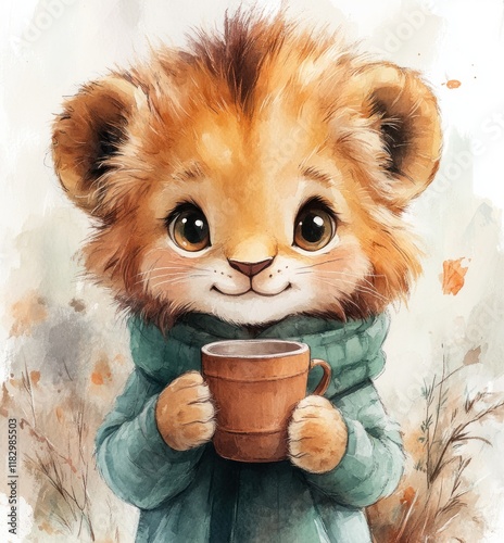 Cute Baby Lion with Coffee Cup in Whimsical Style photo