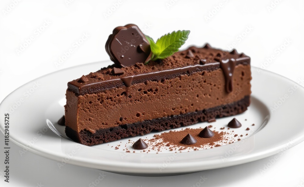A decadent chocolate mousse cake with a drizzle of rich chocolate ganache and a chocolate bar garnish, resting on a pristine white plate. A decadent chocolate mousse cake with a drizzle of rich chocolate ganache and a chocolate bar garnish, resting on a pristine white plate.
