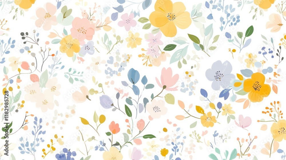 Delicate floral pattern, pastel flowers, whimsical background, seamless repeat design for print Delicate floral pattern, pastel flowers, whimsical background, seamless repeat design for print