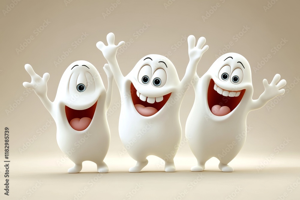 Obraz premium Cheerful cartoon ghosts with happy faces, arms raised in excitement, celebrating together in a playful and friendly atmosphere, perfect for Halloween themes and festive decorations.