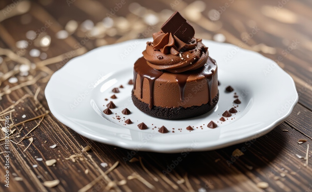 A decadent chocolate mousse cake with a drizzle of rich chocolate ganache and a chocolate bar garnish, resting on a pristine white plate. A decadent chocolate mousse cake with a drizzle of rich chocolate ganache and a chocolate bar garnish, resting on a pristine white plate.