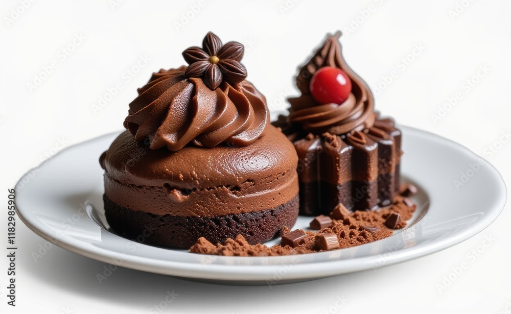 A decadent chocolate mousse cake with a drizzle of rich chocolate ganache and a chocolate bar garnish, resting on a pristine white plate. A decadent chocolate mousse cake with a drizzle of rich chocolate ganache and a chocolate bar garnish, resting on a pristine white plate.