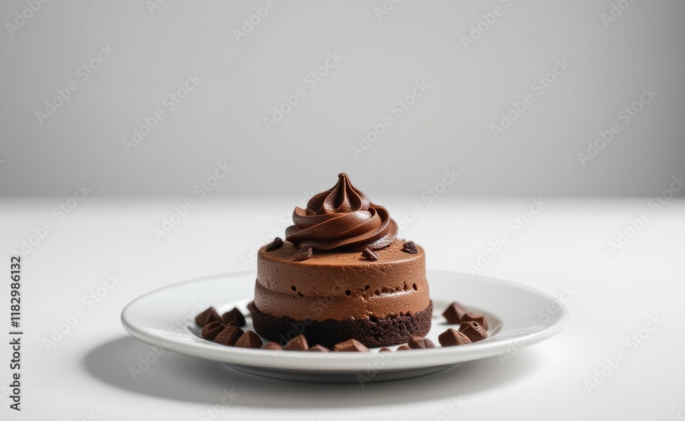 A decadent chocolate mousse cake with a drizzle of rich chocolate ganache and a chocolate bar garnish, resting on a pristine white plate. A decadent chocolate mousse cake with a drizzle of rich chocolate ganache and a chocolate bar garnish, resting on a pristine white plate.