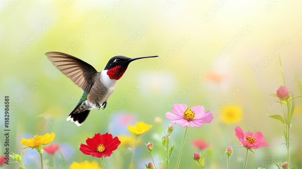 Naklejka premium Hummingbird hovering near colorful flowers, symbolizing biodiversity