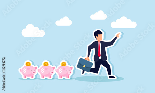 A businessman runs chased by several piggy banks, illustration of being pursued by investment targets photo