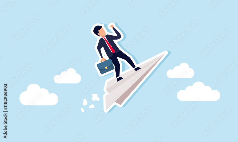 A businessman flies on a paper plane through the sky, illustration of increasing business progress A businessman flies on a paper plane through the sky, illustration of increasing business progress
