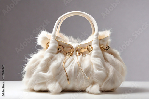 A handbag made of silk-like material that feels like the soft fur of a cat, moving and shifting with your motions.with whitebackground