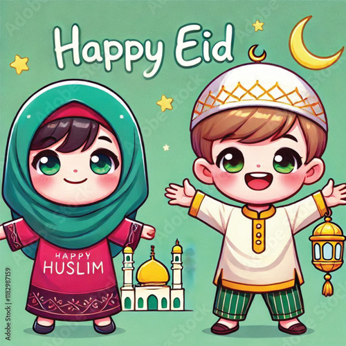 Muslim cartoon little girl and boy saying happy eid