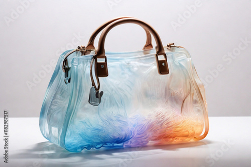 A handbag made from translucent ice-like material, changing color based on the temperature and humidity of your environment.with whitebackground