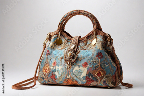 A handbag made from an ancient enchanted fabric that shifts its form according to your dreams, changing to fit your needs.with whitebackground