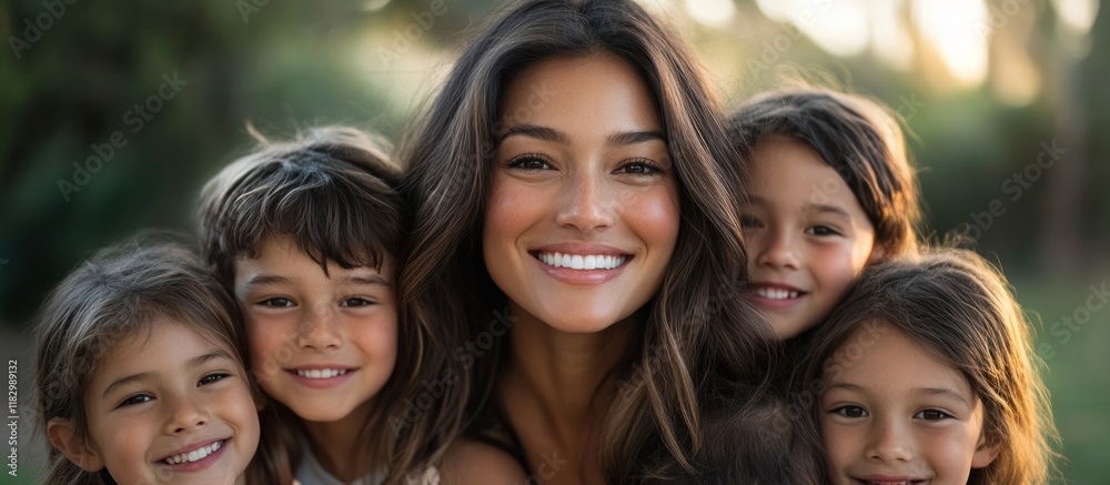 Fototapeta premium Joyful family portrait of a mother embracing her smiling daughters in a peaceful scenic outdoor setting The heartwarming image captures a moment of pure happiness love