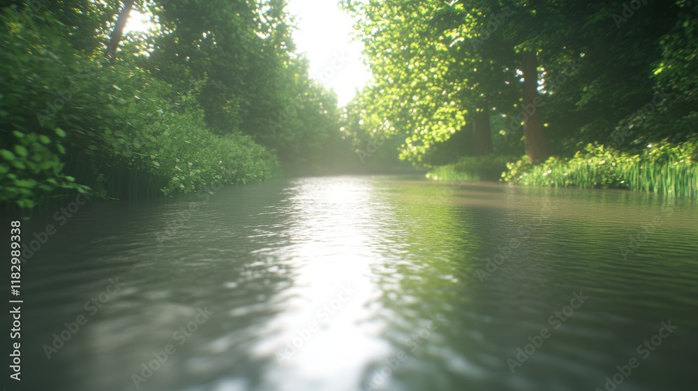 Serene River Flows Through Lush Green Forest Canopy Serene River Flows Through Lush Green Forest Canopy
