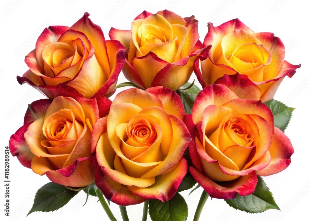 High-resolution image: six roses, red and yellow petals alternating, isolated on white, professionally clipped. High-resolution image: six roses, red and yellow petals alternating, isolated on white, professionally clipped.
