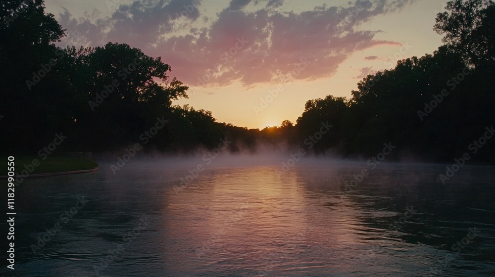 Serene River Mist at Sunset, Trees Silhouetted Serene River Mist at Sunset, Trees Silhouetted