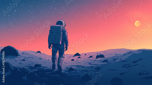 Astronauta su pianeta alieno cammina verso il cielo stellato colorato notturno cadente. Riversong. Illustration photo