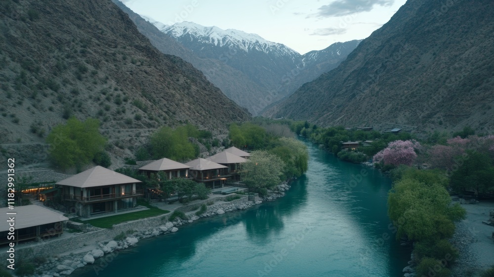 Fototapeta premium Serene River Valley Retreat Mountain Lodges