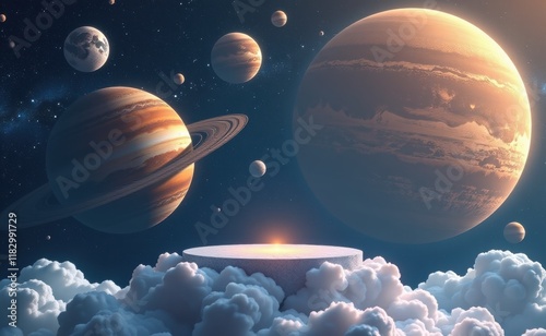 A surreal scene of a celestial sphere glowing against a backdrop of planets, clouds, and a starry sky.