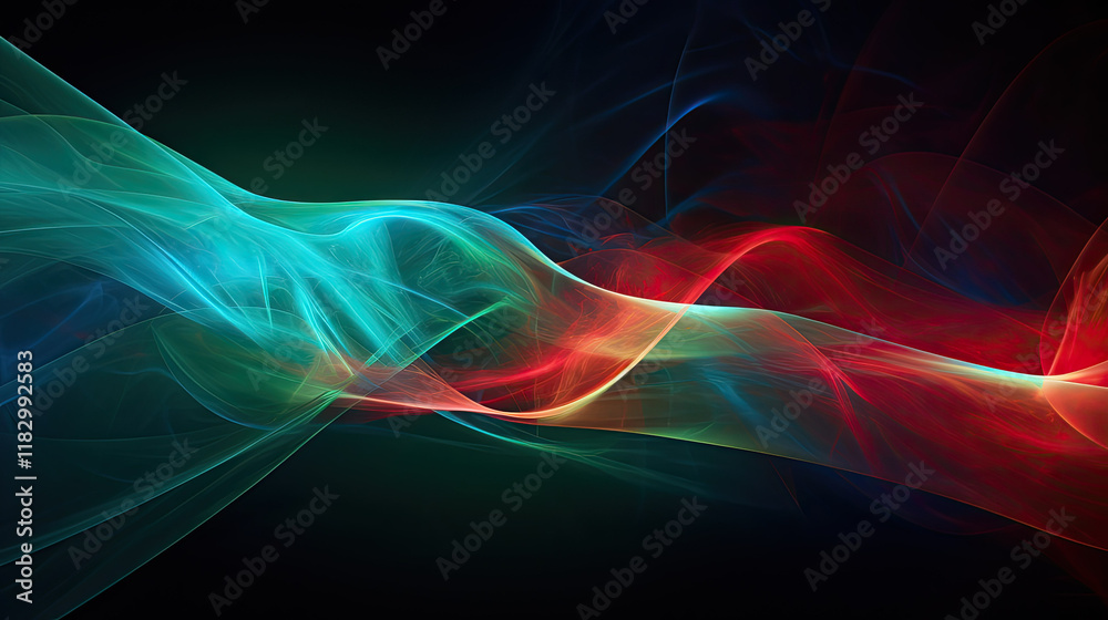 Naklejka premium Abstract digital art depicting a vibrant collision of warm red and cool cyan light waves against a dark background