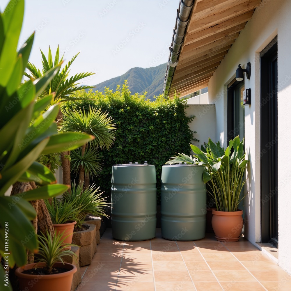 Solar energy-powered barrel planters create an eco-friendly oasis on a sunlit rooftop terrace promoting a sustainable lifestyle Solar energy-powered barrel planters create an eco-friendly oasis on a sunlit rooftop terrace promoting a sustainable lifestyle