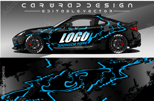 Illustration vector grahic of Car wrap decal with abstract design. Black blue colour. Livery car editable. Mockup template sticker vinyl for racing, rally, or daily use.