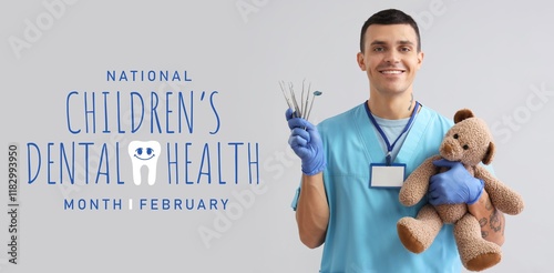 Male dentist with tools and...