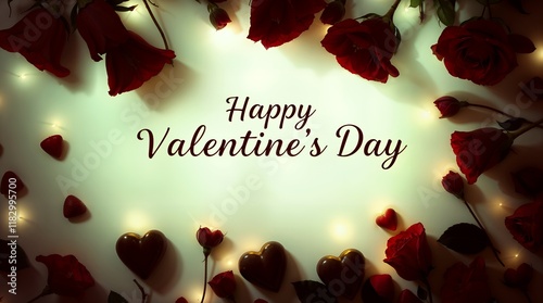 Valentine's Day themed graphic with rose petals, heart shapes, and string lights. The center text reads 