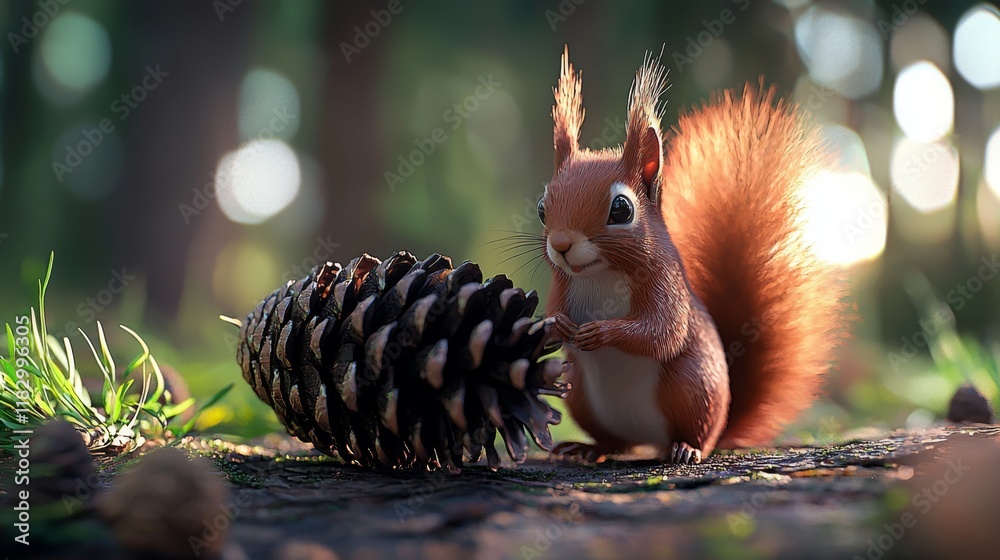 Fototapeta premium Adorable Red Squirrel Encountering a Pine Cone in a Sunlit Forest