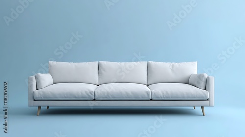 Ultra slimline sofa in muted grey minimalist decor on blue background