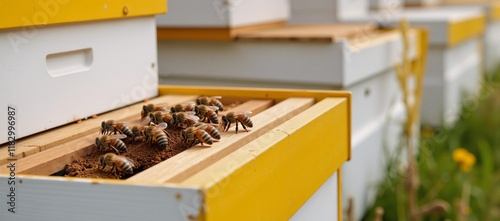 Modern APIARY whiteyellow hives with BUSY BEES - Ideal for BEEKEEPING  SUSTAINABILITY lovers photo