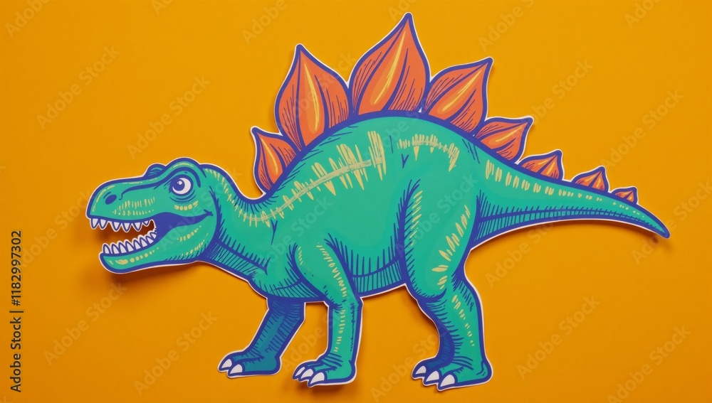 Obraz premium Hand-drawn dinosaur silhouette in vibrant colors against an orange backdrop fun contemporary art collage depicting creativity imagination and fantasy