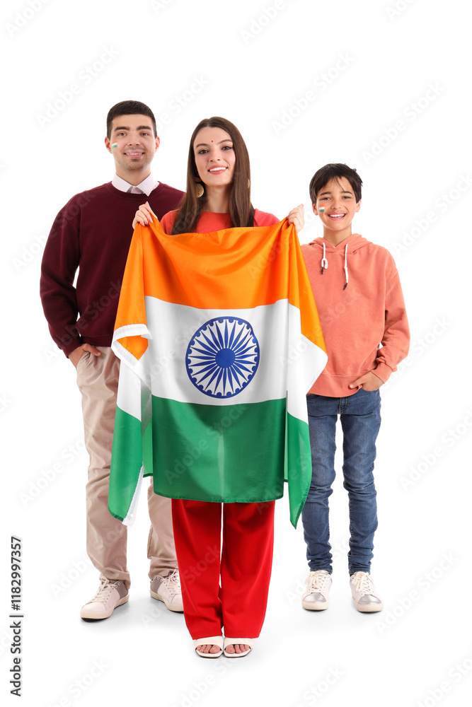 Happy family with Indian flag on white background Happy family with Indian flag on white background
