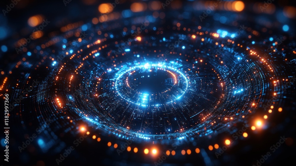 Obraz premium A mesmerizing digital swirl of blue and orange lights, resembling a cosmic or technological vortex.