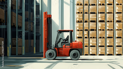 A red fortlift carries pallets in a large warehouse. Riversong. Illustration