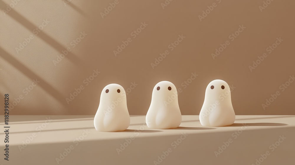Cute and Minimalistic Ghost Figurines with Simple Design Displayed on a Light Brown Surface, Capturing Playful and Whimsical Atmosphere in Soft Lighting Cute and Minimalistic Ghost Figurines with Simple Design Displayed on a Light Brown Surface, Capturing Playful and Whimsical Atmosphere in Soft Lighting