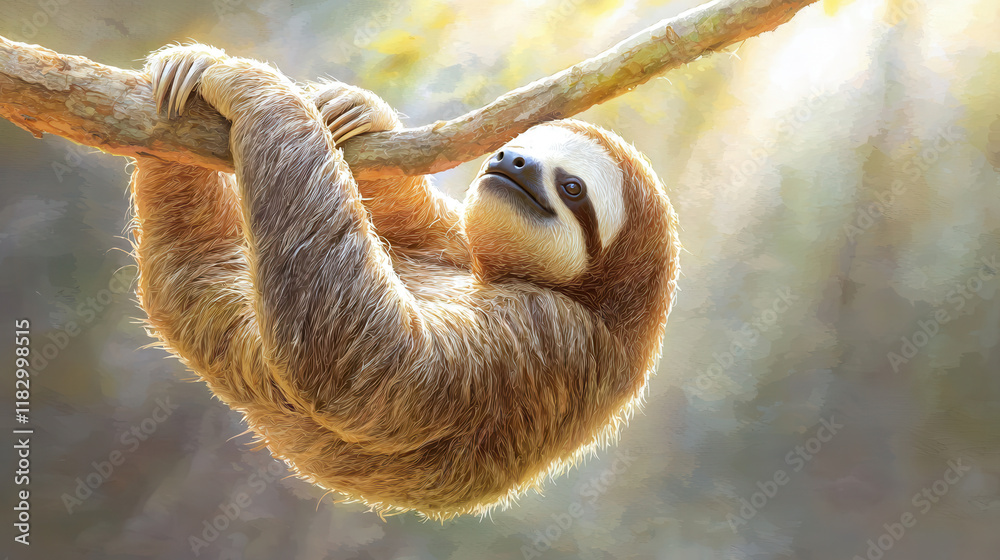 Obraz premium dreamy sloth hanging under glowing sunshine, showcasing its vibrant fur and serene expression