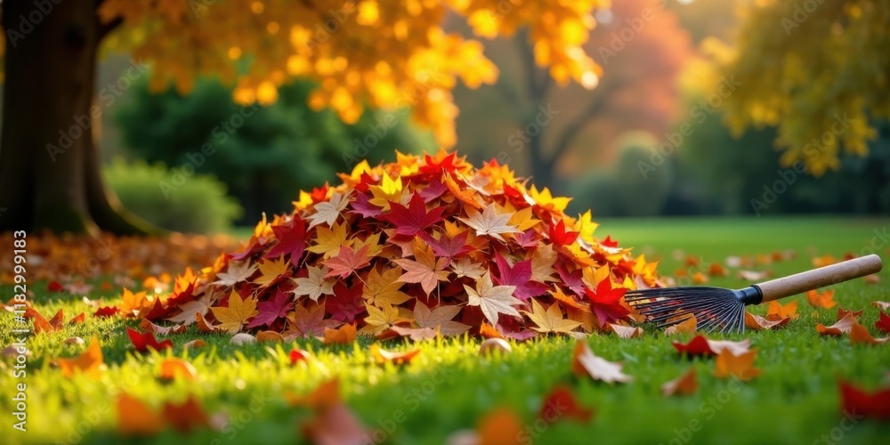 Autumnal foliage pile next to a garden rake on a grassy lawn Autumnal foliage pile next to a garden rake on a grassy lawn