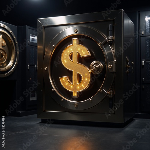 A secure glowing-dollar vault symbolizes financial safety and protection for wealth accumulation and savings photo