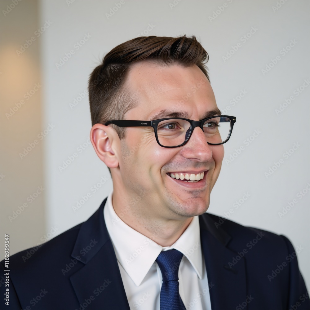 Man with glasses gazes off-camera smiling Man with glasses gazes off-camera smiling