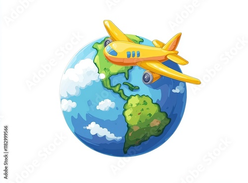 Yellow airplane flying above cartoon Earth. photo