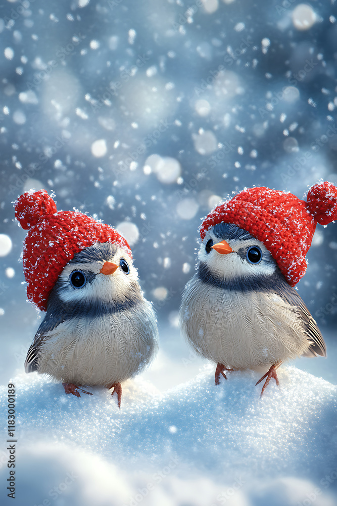 Two cute birds wearing red hats in a snowy landscape with falling snowflakes.