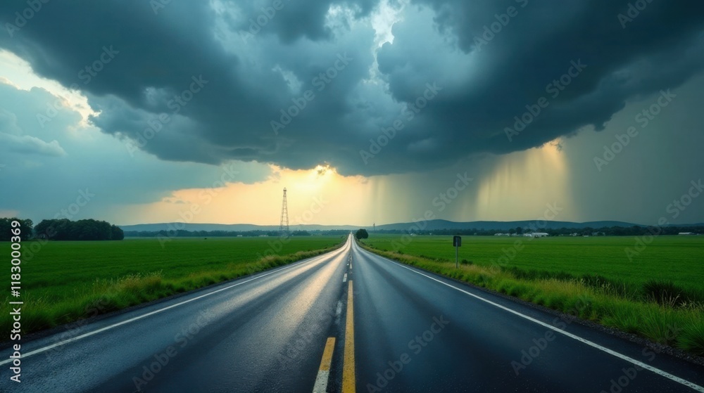 Fototapeta premium A Scenic Highway Through Lush Green Fields Under a Dramatic Stormy Sky
