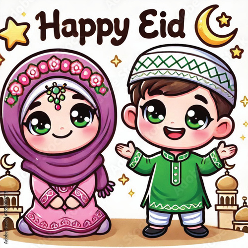 Muslim cartoon little girl and boy saying happy eid