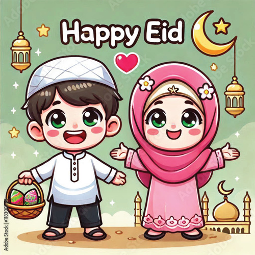 Muslim cartoon little girl and boy saying happy eid