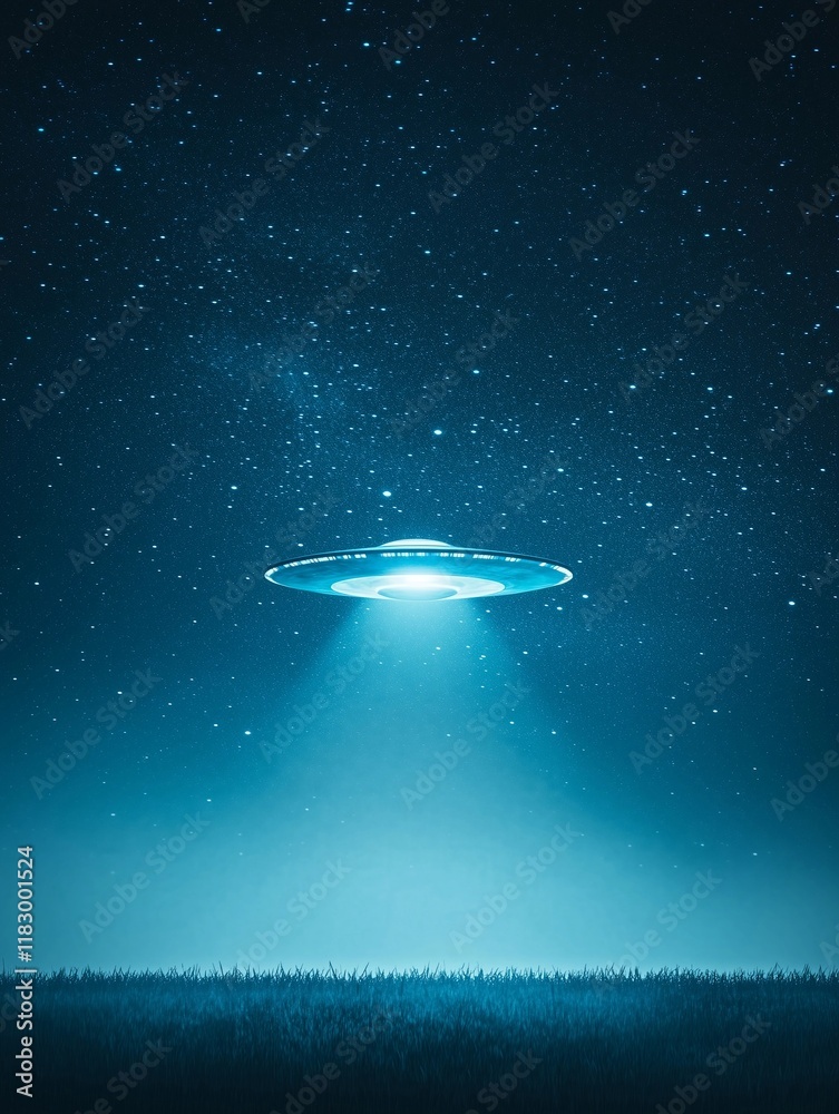 Mysterious saucer hovers silently above a tranquil grass field beneath a star-filled sky Mysterious saucer hovers silently above a tranquil grass field beneath a star-filled sky