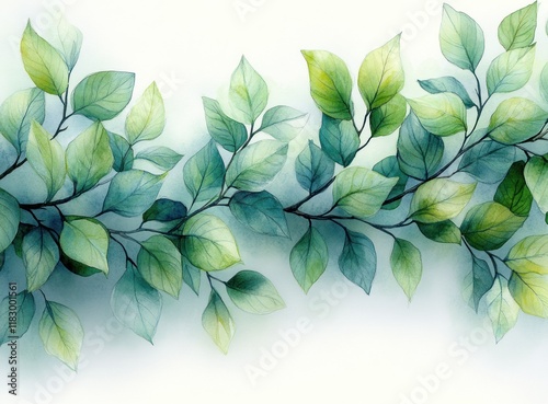 Watercolor Green Leaves Transparent Foliage Hand Painted Branches Natural Illustration photo