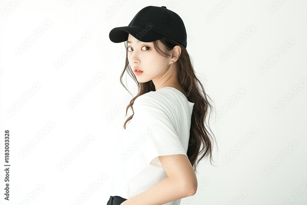 A young Asian woman with long black hair, wearing a black baseball cap and a white tshirt, poses against a plain white backdrop. Her beauty is subtly highlighted in the casual setting. A young Asian woman with long black hair, wearing a black baseball cap and a white tshirt, poses against a plain white backdrop. Her beauty is subtly highlighted in the casual setting.
