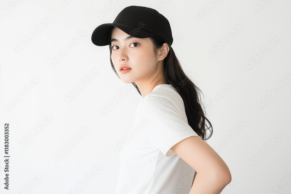 A young Asian woman with long black hair, wearing a black baseball cap and a white tshirt, poses against a plain white backdrop. Her beauty is subtly highlighted in the casual setting. A young Asian woman with long black hair, wearing a black baseball cap and a white tshirt, poses against a plain white backdrop. Her beauty is subtly highlighted in the casual setting.